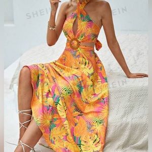 VCAY Tropical Print Ring Linked Cut Out Tie Backless Halter Neck Dress